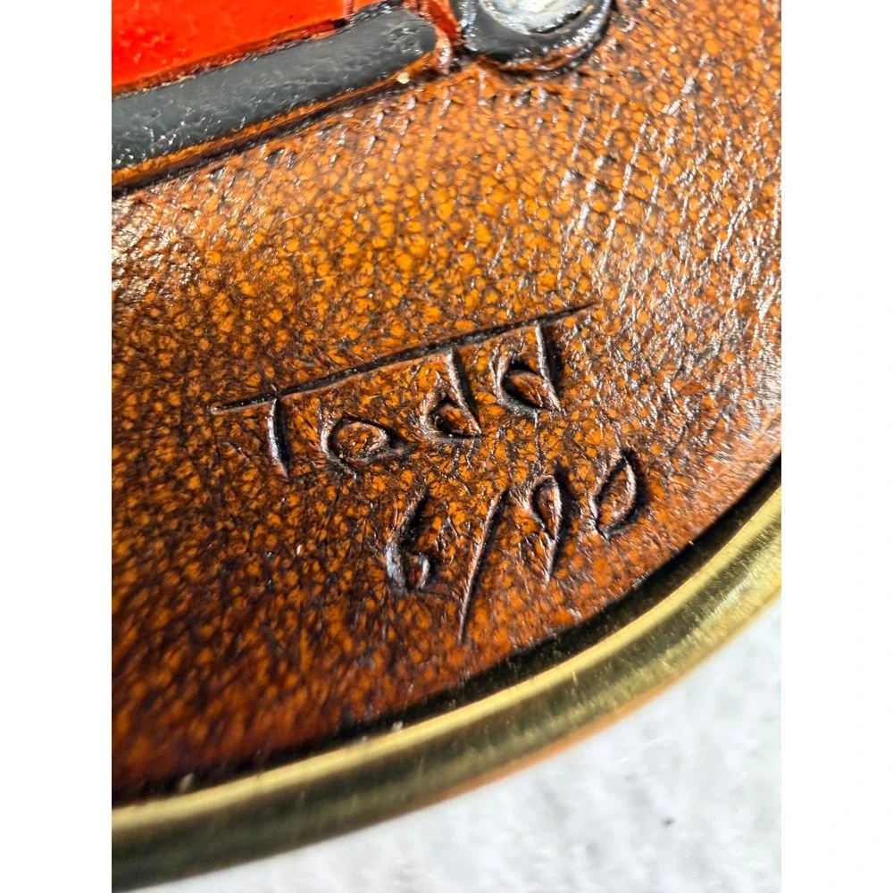 Vintage Todd 1990 Hand Tooled Leather Red Car Solid Brass Belt Buckle Signed